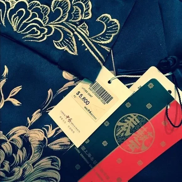 Silk Coat One of a Kind Original Qinyi Shanghai Fashion Show Navy Gold Womens XL - Picture 5 of 8